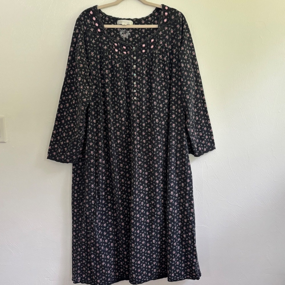 Eileen West Black Floral Cotton Nightgown Size 2X Ribbon Lace Long Sleeve Midi